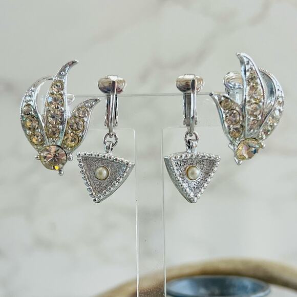 Vintage Sarah Coventry Silver Tone Rhinestone Clip Earrings Set of 2 - Picture 1 of 13